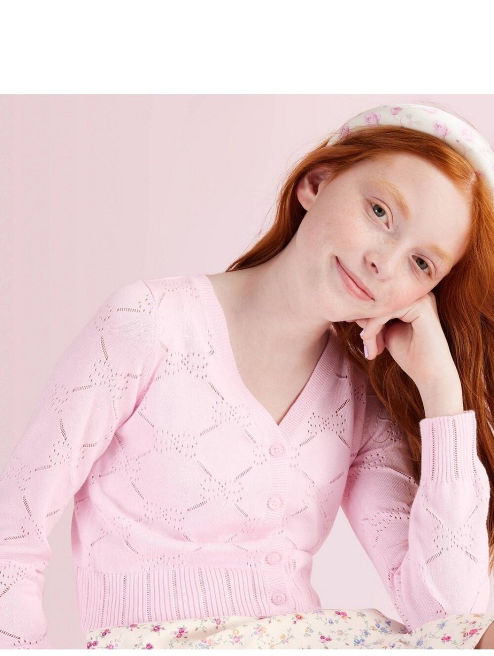 New! LoveShackFancy Girls' Emilie Pink Button-Front V-Neck Knit Cardigan Cottage
